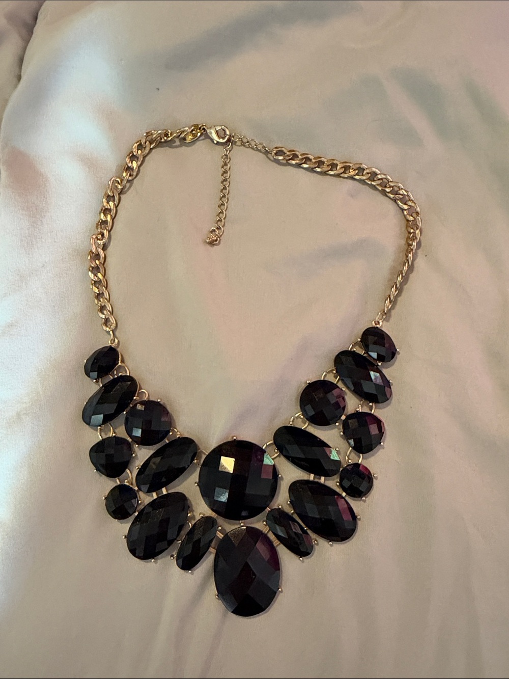 Gold Chain Statement Necklace with Black Faceted Gemstones